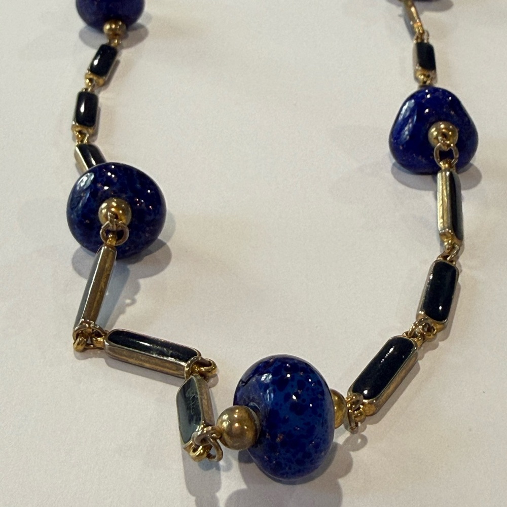 Vintage Imitation Lapis Glass/Ceramic Bead Gold Tone Necklace